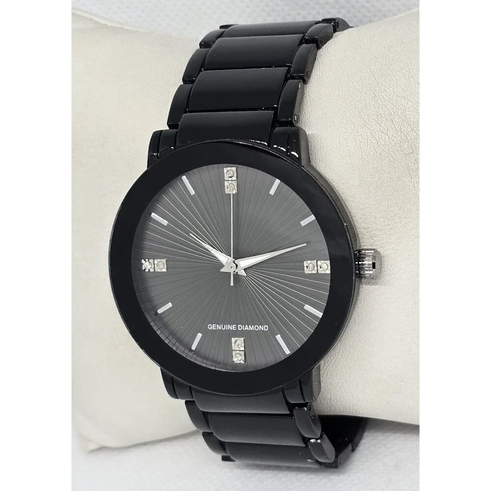 Men's Classic Round Genuine Diamond Round Black Dial Case Link Bracelet Watch 13 - Picture 2 of 6